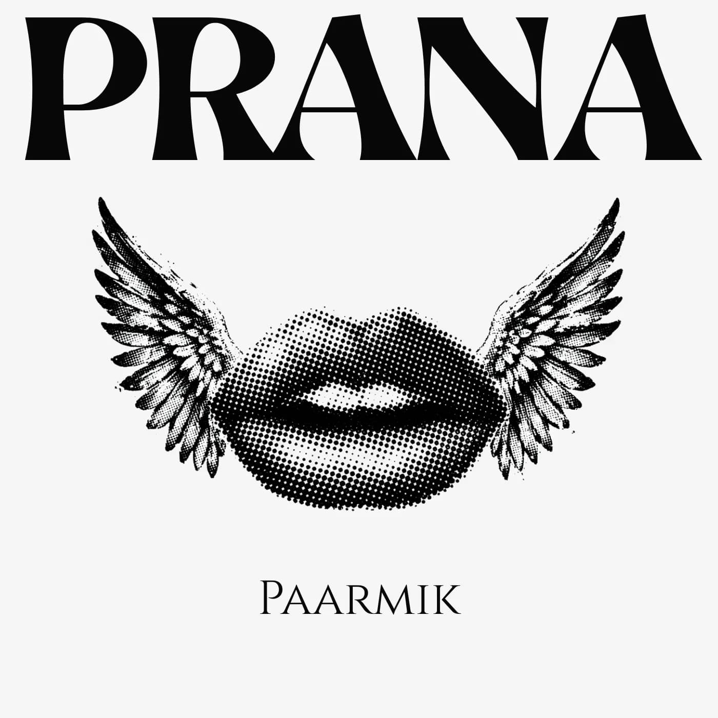 A pair of dotted lips with wings on either side, centered below the word PRANA and above the word PAARMIK.